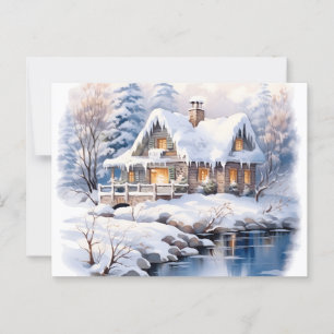 Cartão Postal Cottagecore Natal Algodão de inverno Aquarela