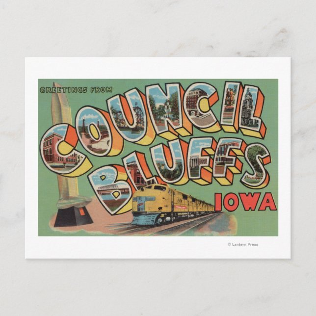 Cartão Postal Council Bluffs, Iowa - Large Letter Scenes (Frente)