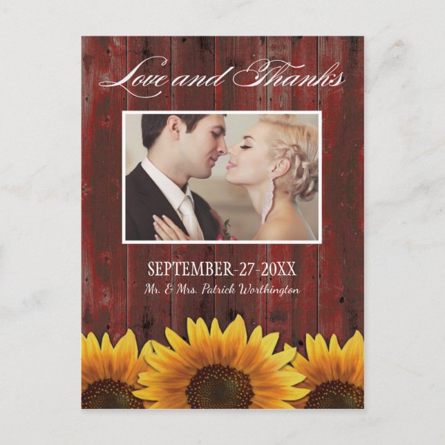 Cartão Postal Country Barn Wood Rustic Sunflower Obrigado Cartõe (Frente)