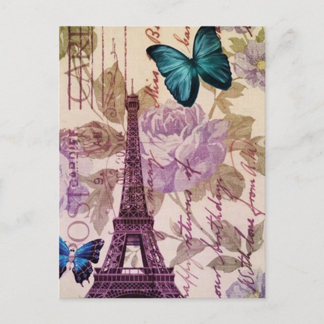 Cartão Postal country Chic Floral butterfly Paris Eiffel Tower (Frente)