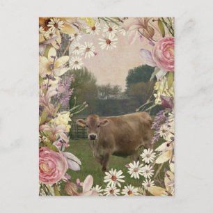 Cartão Postal Country Flowers Jersey Cow