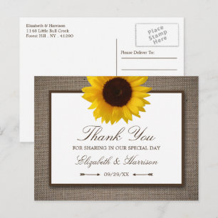 Cartão Postal Country Russe Sunflower & Burlap Obrigado
