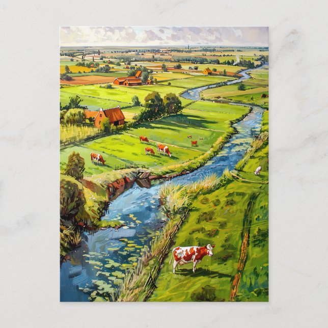Cartão Postal Countryside with Cows and Stream Fantasy Painting (Frente)