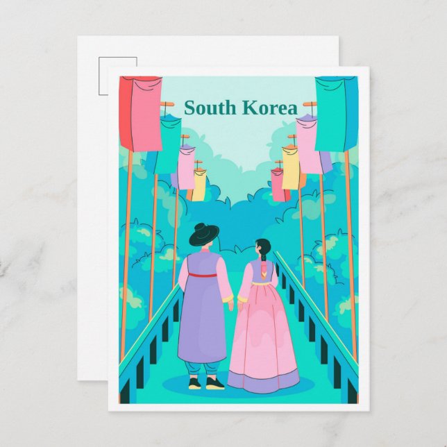 Cartão Postal Couple in Seoul South Korea Travel Illustration (Frente/Verso)