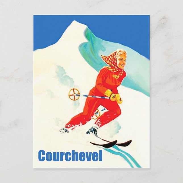 Cartão Postal Courchevel, mulher na pista de esqui, França, Vint (Frente)