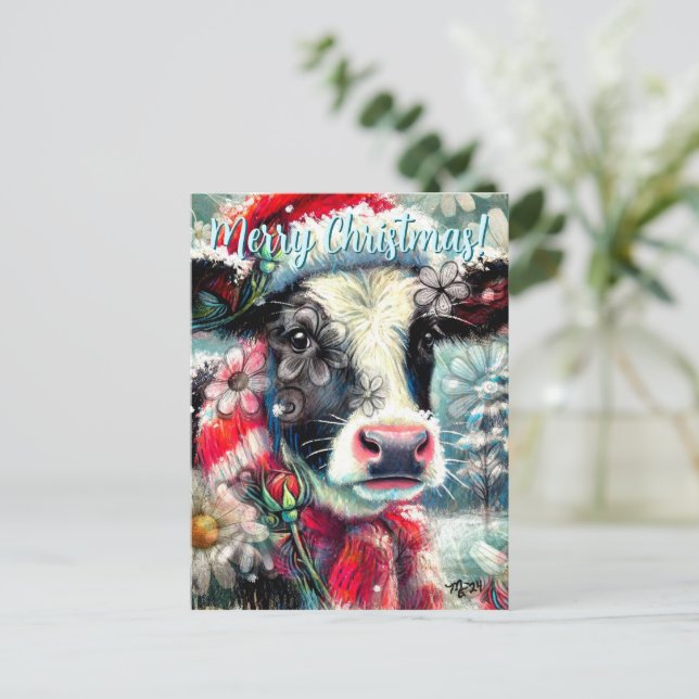 Cartão Postal Cow Dreaming of Warmer Times Floral Personalized (Em pé/Frente)