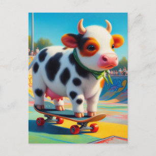Cartão Postal Cow Surreal Colorido e Divertido de Skate