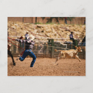 Cartão Postal Cowboy assando bezerro em rodeio