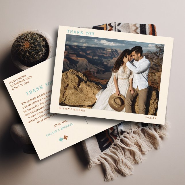 Cartão Postal Cowboy Country Western Wedt Foto Muito Obrigado (cowboy country western desert wedding photo thank you postcard aztec pattern terracotta teal)