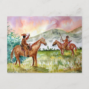 Cartão Postal Cowboy no Cavalo encontra Nativo Americano