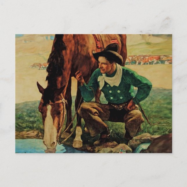 Cartão Postal Cowboy Vigiando seu cavalo pelo NC Wyeth (Frente)