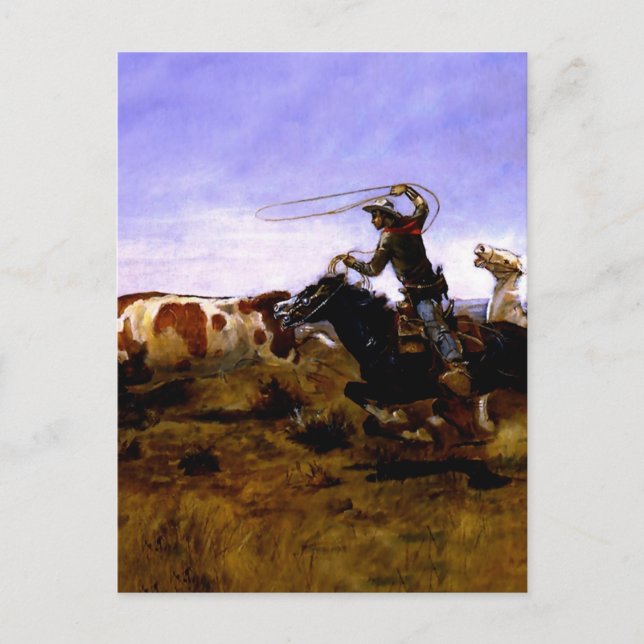 Cartão Postal "Cowboys Roping a Steer", por Charles M Russell (Frente)