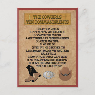 Cartão Postal Cowgirl 10 Mandamentos POSTCARD