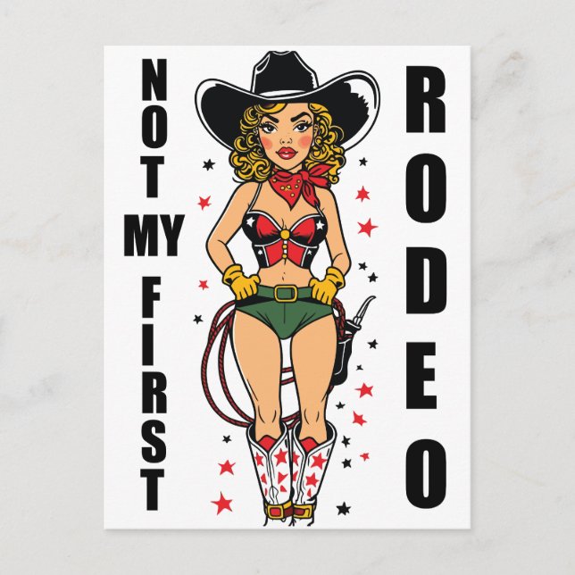 Cartão Postal Cowgirl com citação não é o meu primeiro rodeio (Frente)