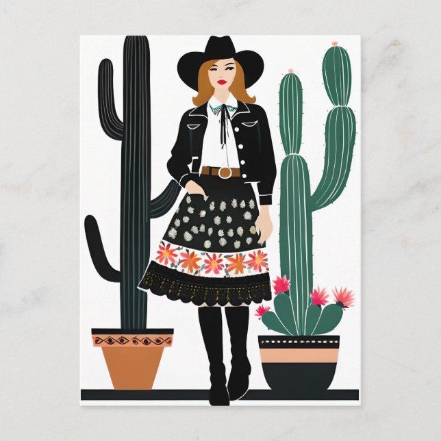 Cartão Postal Cowgirl e Plantas de Cactus Potados (Frente)