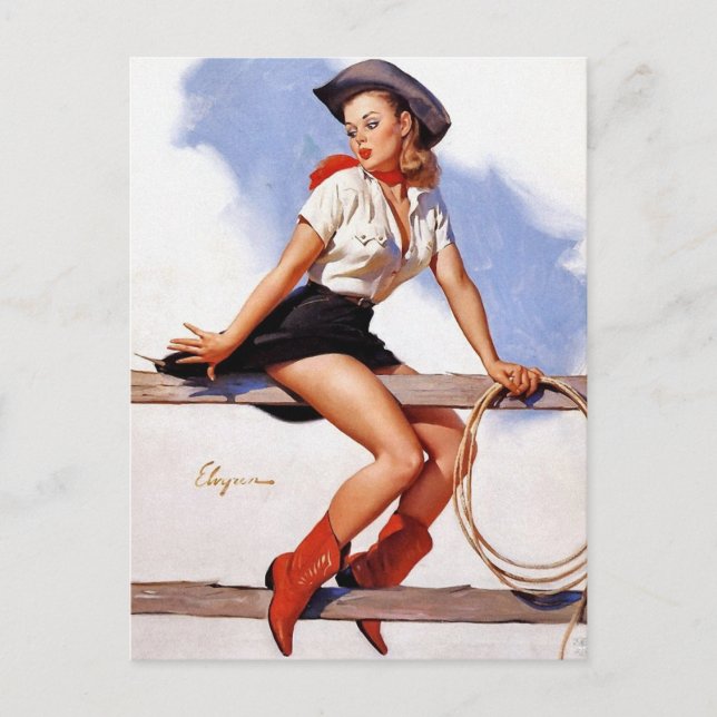 Cartão Postal Cowgirl em um Pin-up de cerca (Frente)