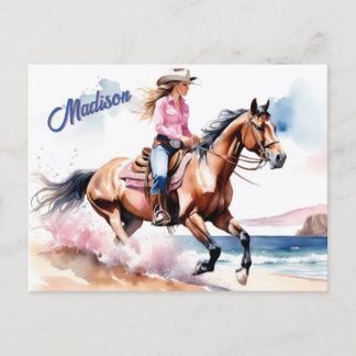 Cartão Postal Cowgirl Horseback Andando na praia pelo Ocean Cust