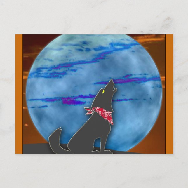 Cartão Postal Coyote Howling na Lua Azul (Frente)