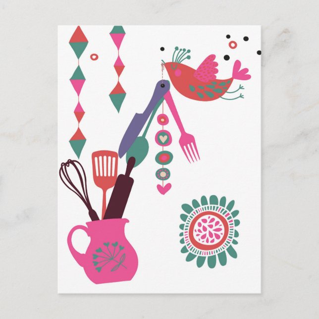 Cartão Postal cozinha do campo - prateado na floral. (Frente)