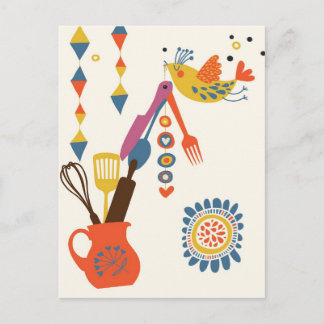 Cartão Postal Cozinha do País Francês - Utensílios em floral.