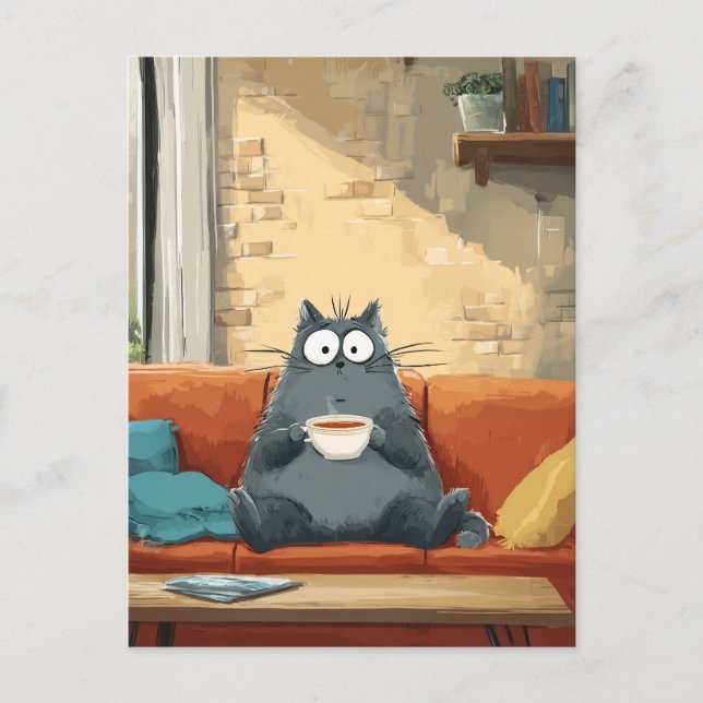 Cartão Postal Cozy Cat com café (Frente)