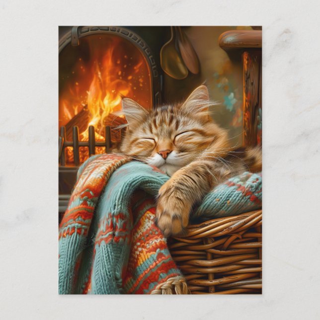 Cartão Postal Cozy Cat Sleeping in Basket by Warm Fireplace (Frente)