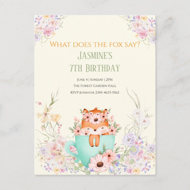 Cartão Postal Cozy Fox Forest Magical Floral Birthday Invitation (Frente)