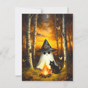 Cartão Postal Cozy Halloween Ghost & Black Cat Campfire