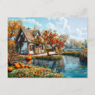 Cartão Postal Cozy Lakeside Cottage na Ilustração do outono