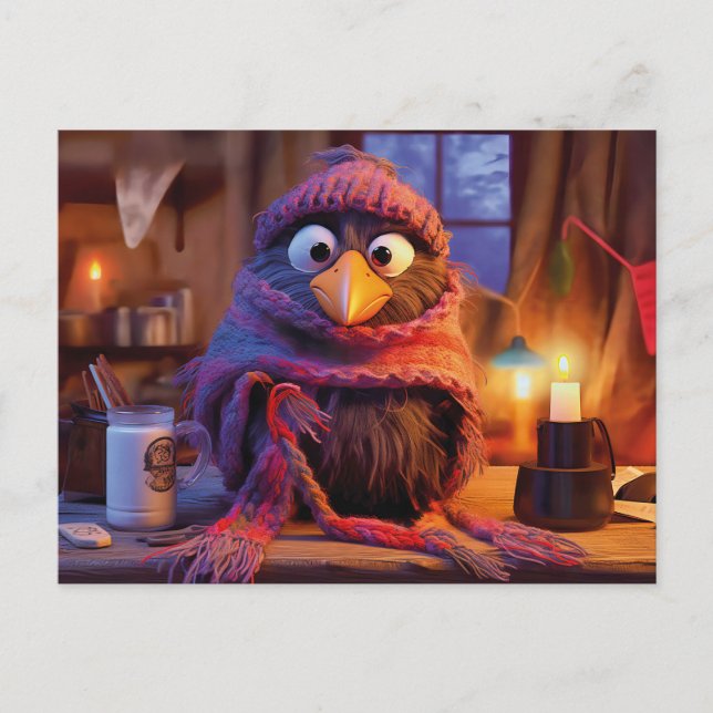 Cartão Postal Cozy Raven Indoors With Hot Milk And Winter Outfit (Frente)