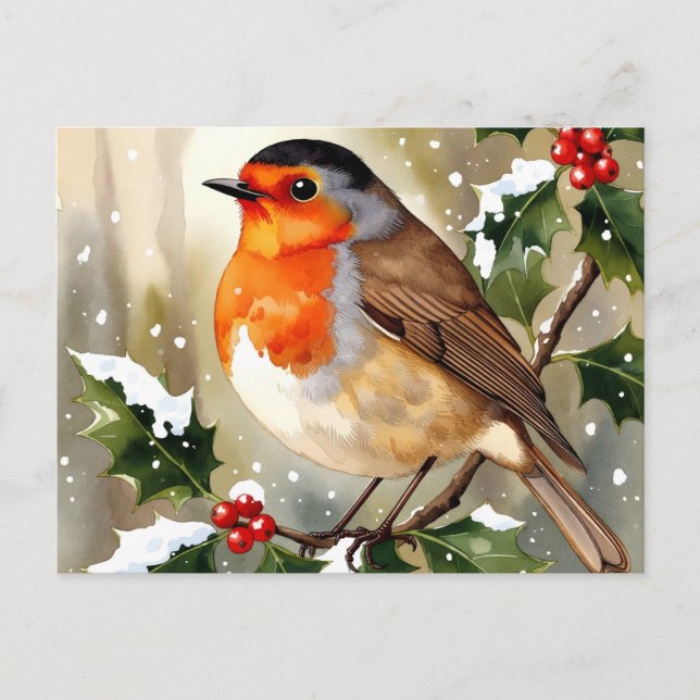 Cartão Postal Cozy Robin Christmas Watercolor Illustration (Frente)