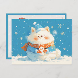 Cartão Postal Cozy Samoyed Dog with Mini Snowman