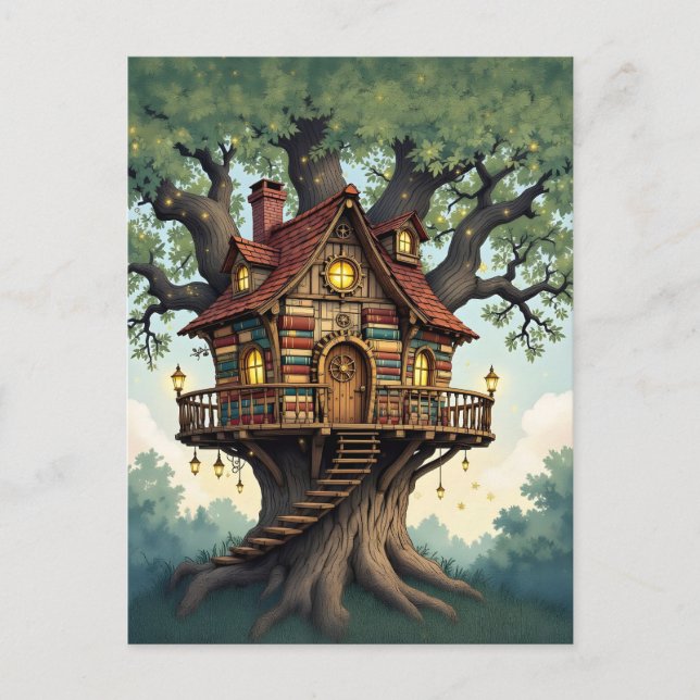 Cartão Postal Cozy Whimsical Treehouse Feito De Livros Antigos (Frente)