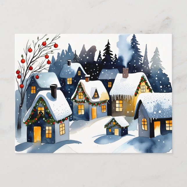 Cartão Postal Cozy Winter Village Watercolor Christmas Postcard (Frente)