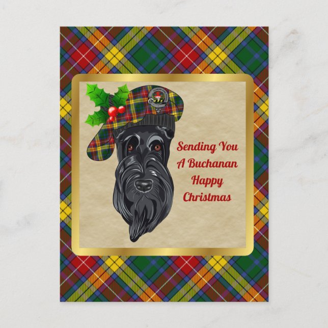Cartão Postal Crachá de Buchanan Clan e Natal de Tartan (Frente)