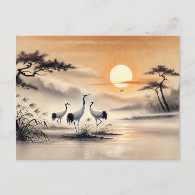 Cartão Postal Crane no pântano na pintura de tinta chinesa sunse (Frente)