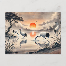 Cartão Postal Crane no pântano na pintura de tinta chinesa sunse