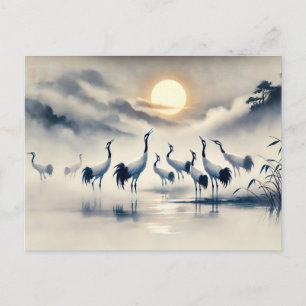 Cartão Postal Crane no pântano na pintura de tinta chinesa sunse