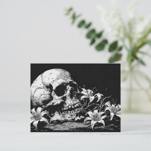 Cartão Postal Cráneo com Flores em Estilo Gráfico Preto e Branco