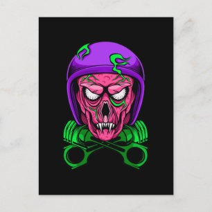Cartão Postal Cráneo de Motoqueiro Zumbi Neon com Pistões Cruzad