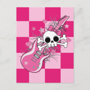 Cartão Postal Crânio bonito com violão rosa