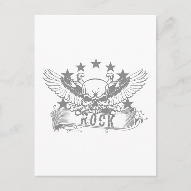 Cartão Postal Crânio Com Banner De Rock Wings (Frente)