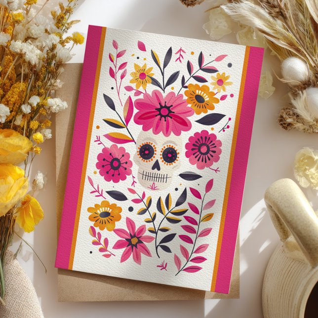 Cartão Postal Cranio de Açúcar Fuchsia Flores Mexicanas Cinco de (Criador carregado)