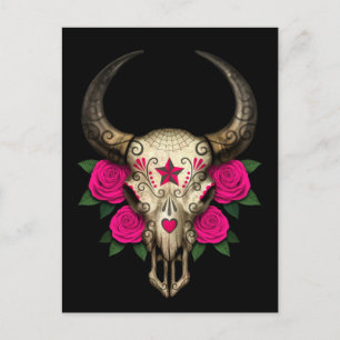 Cartão Postal Crânio de Açúcar Touro com Rosas Rosa em Preto