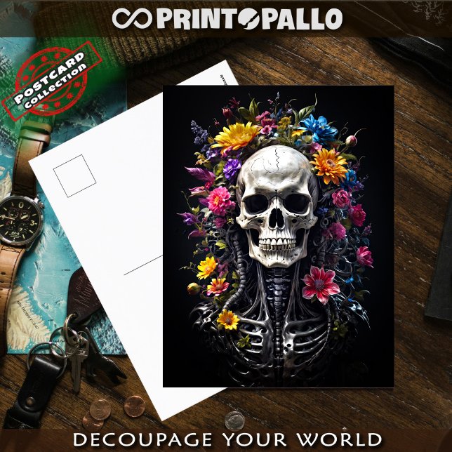 Cartão Postal Cranio de terror e esqueleto com flores (Criador carregado)
