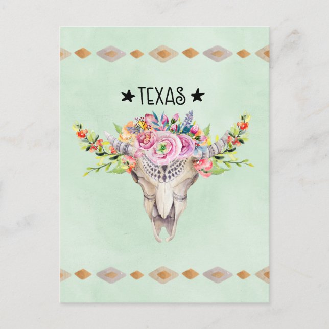 Cartão Postal Crânio De Vaca Do Texas Boho Com Flores Trendência (Frente)