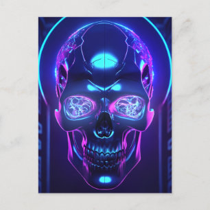 Cartão Postal Crânio Obsidiano Neon Cibernético Escuro