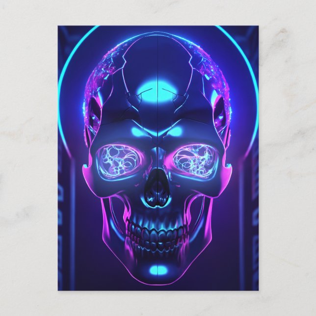 Cartão Postal Crânio Obsidiano Neon Cibernético Escuro (Frente)