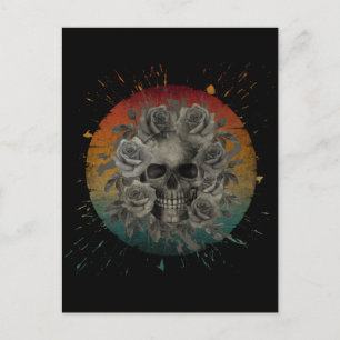CARTÃO POSTAL CRÂNIO VINTAGE E FLORES PRETO E BRANCO