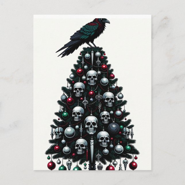 Cartão Postal Crânios Góticos e Árvores de Natal Raven (Frente)